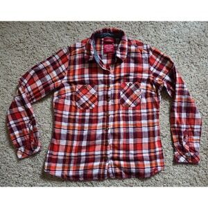 NICE! Dickies Women's LARGE Red Plaid Flannel Long Sleeve Collar Button Up Shirt